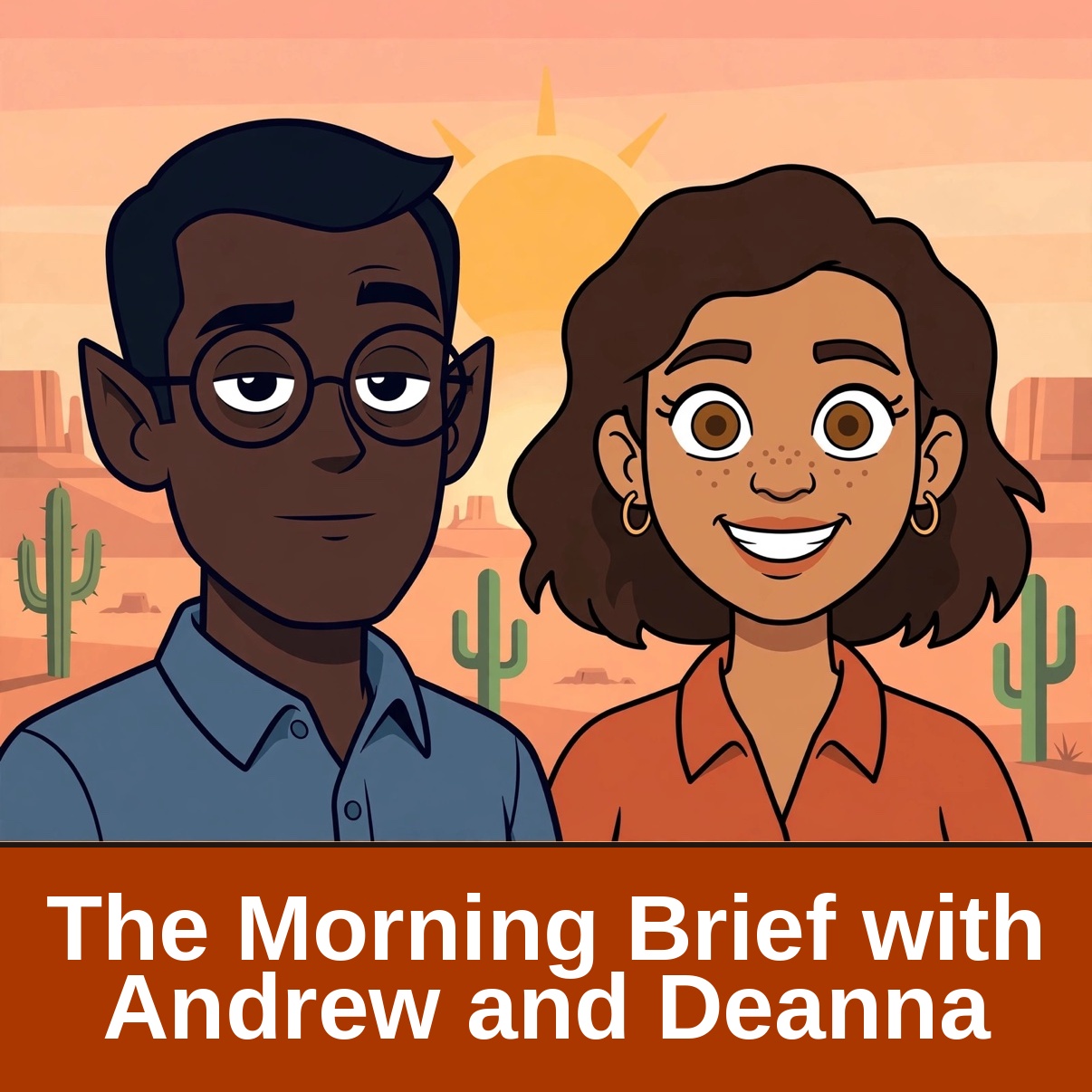 The Morning Brief cover art — Andrew and Deanna at the news desk over a desert sunrise