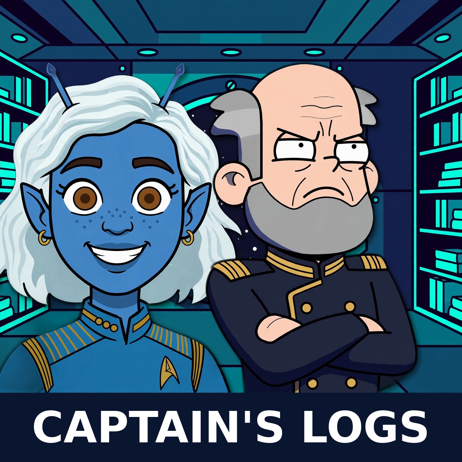 Captain's Logs cover art — Thara and Elias reviewing Star Trek